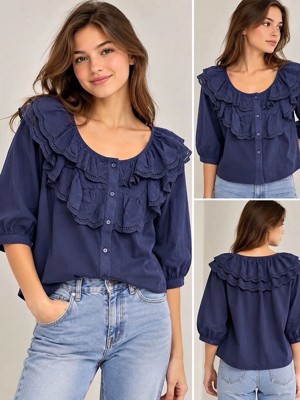joie Ruffle Eyelet Cotton Shirt Embroidered Blouse navy XS